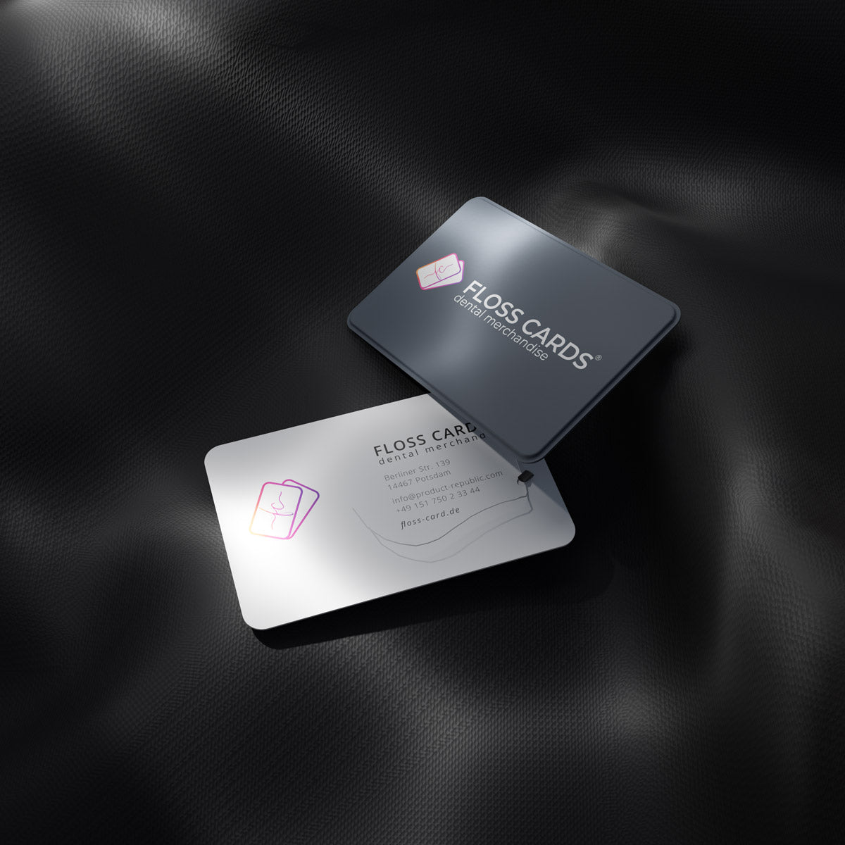 Mockup einer floss cards® Zahnseide-Visitenkarte – modernes Design für individuelles Dental-Merchandise