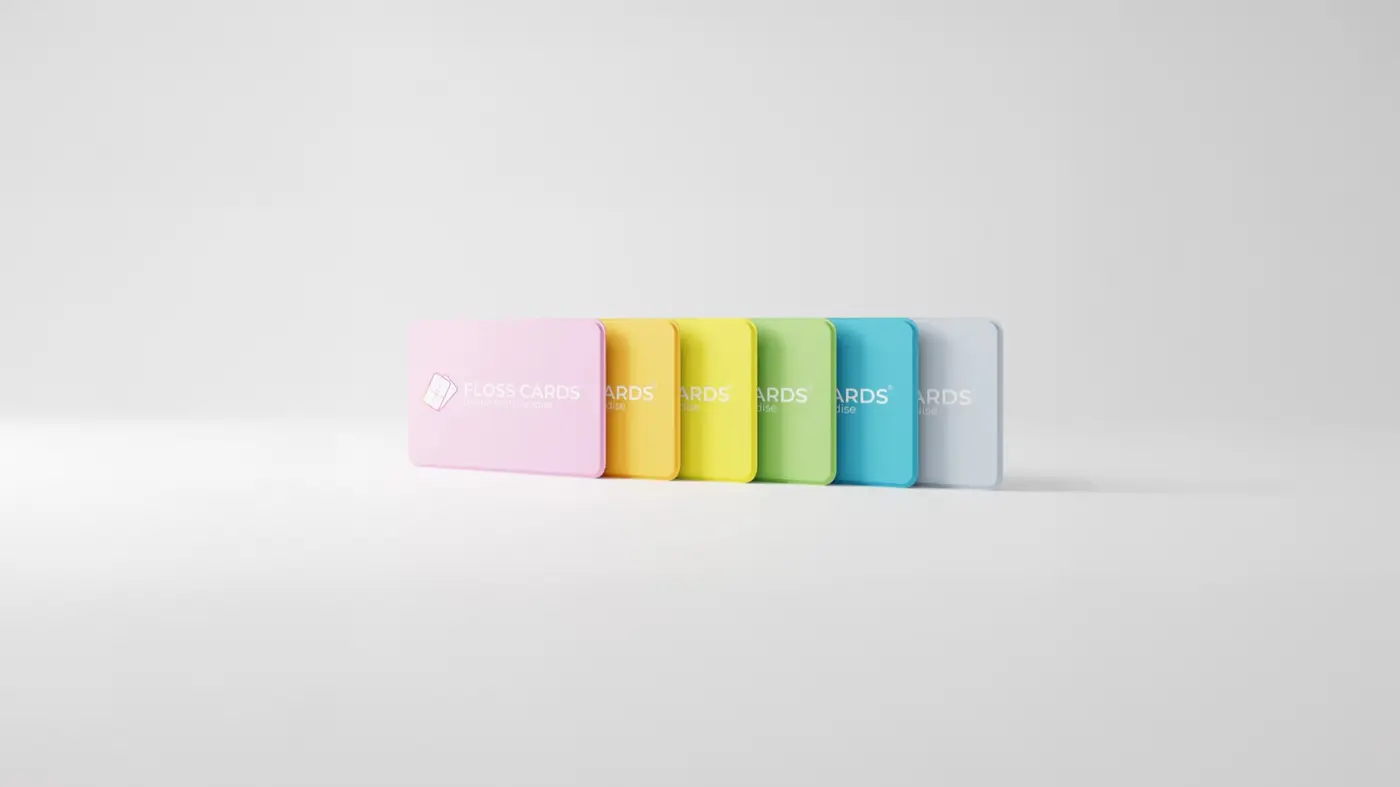 一排不同顏色、已印刷的 Floss Cards